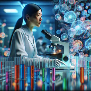 Asian Woman in White Lab Coat Examining Samples | Sterile Laboratory Scene