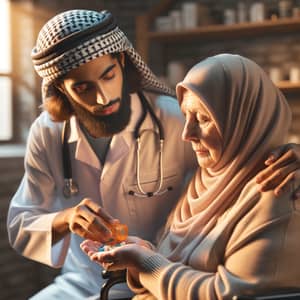 Compassionate Middle-Eastern Care Worker Assisting Disabled Woman | Healthcare-Focused