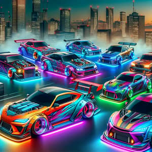 Custom Tuned Cars Display in Vibrant City Setting