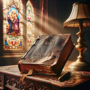 Vintage Leather Bible on Carved Wooden Table