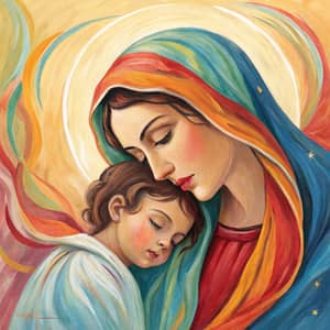 Vibrant Abstract Oil Painting of Mother Mary and Child