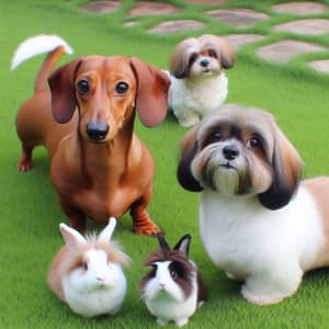 Playful Dachshund, Shih Tzus & White Rabbit on Lawn