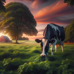 Tranquil Rural Landscape with Holstein Dairy Cow at Sunset