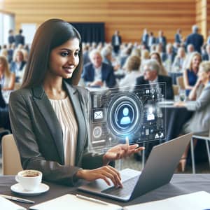 South Asian Female Engaging with AI Web App at Networking Conference