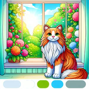 Colorful Long-Haired Cat by Window | Orange & White Cat Illustration