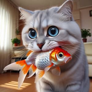 Grey Cat Catching Orange Goldfish - Captivating Scene