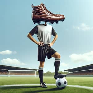 Unique Soccer Player with Brown Boot Hat on Grassy Field