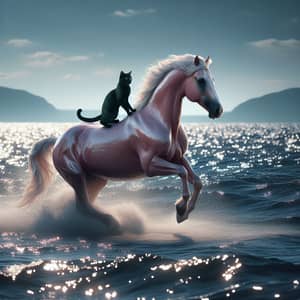 Black Cat Riding Pink Horse in Ocean - Majestic Wildlife Scene