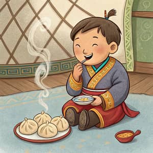 Mongolian Boy Enjoys Delicious Dumplings