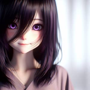 Shy Black-Haired Girl with Pure Purple Eyes