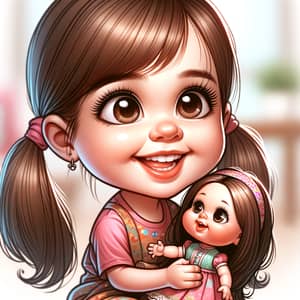 Caricature Illustration: Happy Girl Holding Doll