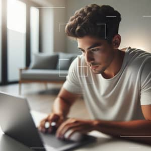 Hispanic Young Man Working on Laptop in Minimalistic Setting