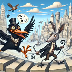 Comical Anthropomorphic Bird and Lagomorph Adventure in Surreal Cityscape