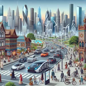 Diverse Contemporary City Scene: Skylines, People, and Technology