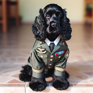 Black Cocker Spaniel in Army Uniform | Disciplined Canine Model