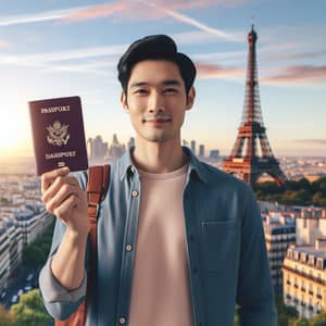 East Asian Man with Travel Document in Paris | Cityscape View