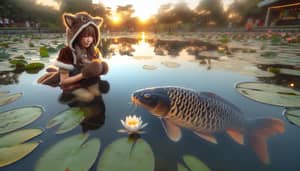 German Carp and Cat-Girl: A Serene Pond Scene