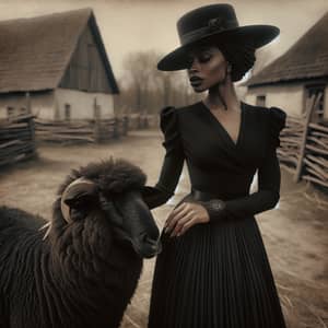 Vintage Countryside Scene with Stylish Black Woman and Black Sheep