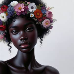 Realistic Oil Painting of Black Woman with Floral Crown