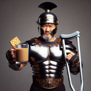 Kazakh Man in Roman Centurion Armor with Coffee Mug and Cracker Cookie