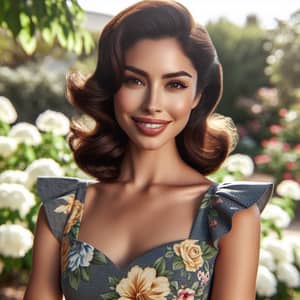 Elegant Hispanic Woman in Floral Mid-Century Dress