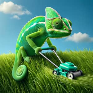 Green Chameleon Trimming Grass: Unique Nature Scene