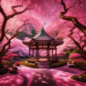 Tranquil Sakura Garden with Elegant Gazebo and Pink Blossoms