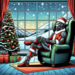 Festive Robotic Santa Claus in Plush Armchair | Snowy Landscape View