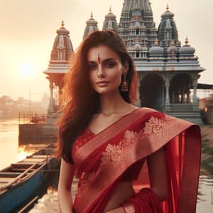 Hindu Woman in Red Saree by Riverside Temple