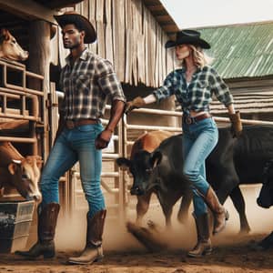 Rustic Agricultural Scene: Working Together to Move Cows