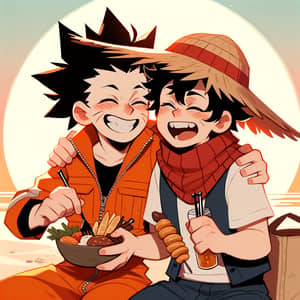 Spiky Black Hair Characters Enjoying Food on Beach at Sunset