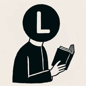 Minimalist Man Holding Book with Unique 'L' Head Artwork