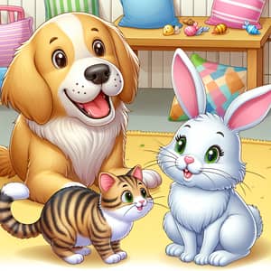 Friendly Dog, Cat, and Rabbit Interaction Scene