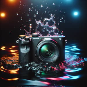 Colorful Lights Illuminating Sony A6300 Camera Floating on Water