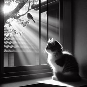 Charming Black and White Cat Watching Bird