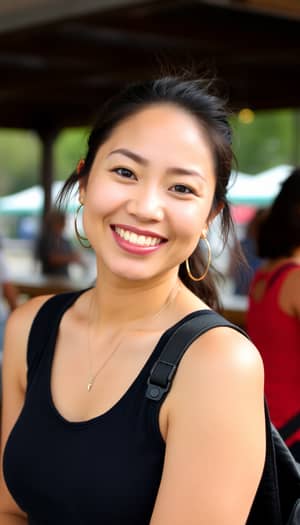 Smiling Latino-Asian Woman in Casual Outdoor Setting