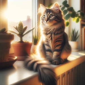 Striped Gray Long-Haired Cat Enjoying Sunny Windowsill