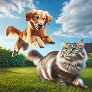 Golden Retriever and Tabby Cat Playful Scene