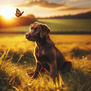 Playful Brown Labrador Retriever in Grassy Field Watching Butterfly