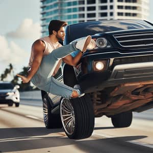 Hispanic Male Driver Performing Car Wheelie