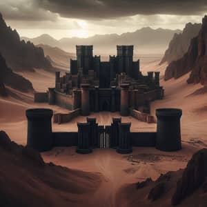 Somber Castle Between Tall Hills in Desert