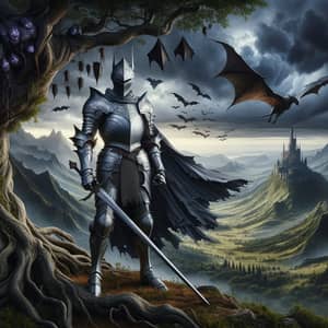 Epic Silver Knight Art: Defiant Warrior Amidst Fantasy Landscape