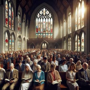 Diverse Church Congregation at Serene Stone-Built Church