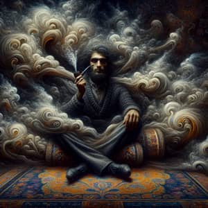 Surreal Middle-Eastern Man Amid Smoke: Fantasy Dream Scene