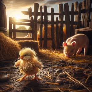 Baby Chick and Piglet in Rustic Farm Setting