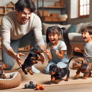 Hispanic Dachshund Breeder Playing with Tricolor Puppies