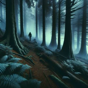 Mysterious Figure in a Foggy Forest Scene