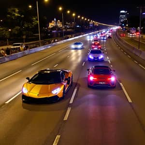 Nighttime Dubai Highway: Luxury Cars & Unique Plates