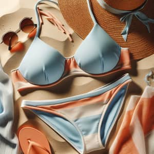 Stylish Bikini on Sandy Beach: Blue Skies & Orange Sunset