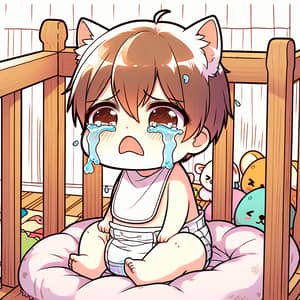 Anime-styled Crying Furry Animal in Diaper & Bib | Cute Art